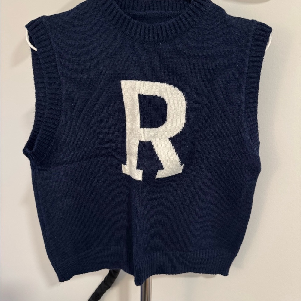 Navy Knit Vest with White Letter R
